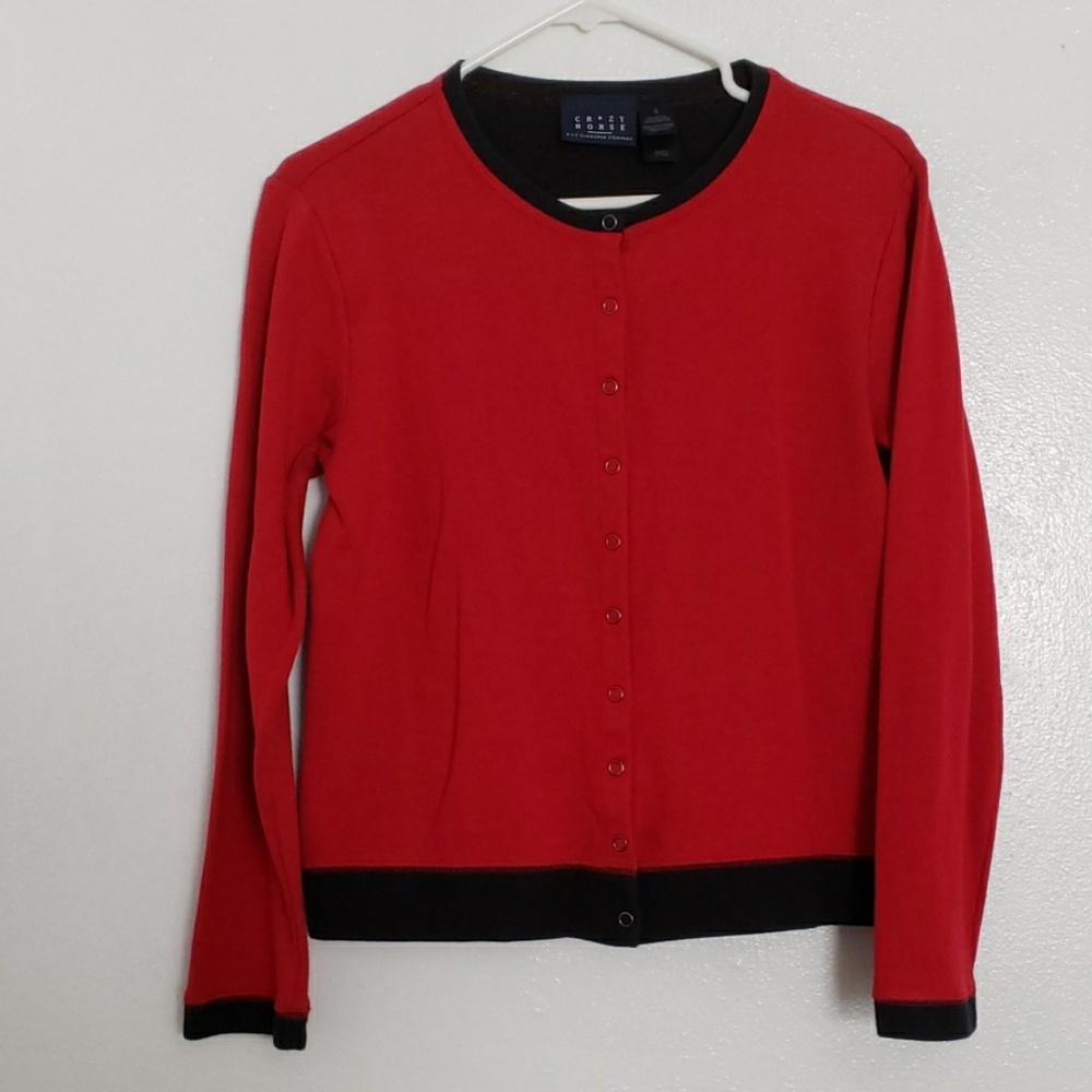Crazy Horse (by Liz Claiborne) Women’s Small Red & Blck Snap Button Cardigan EUC
